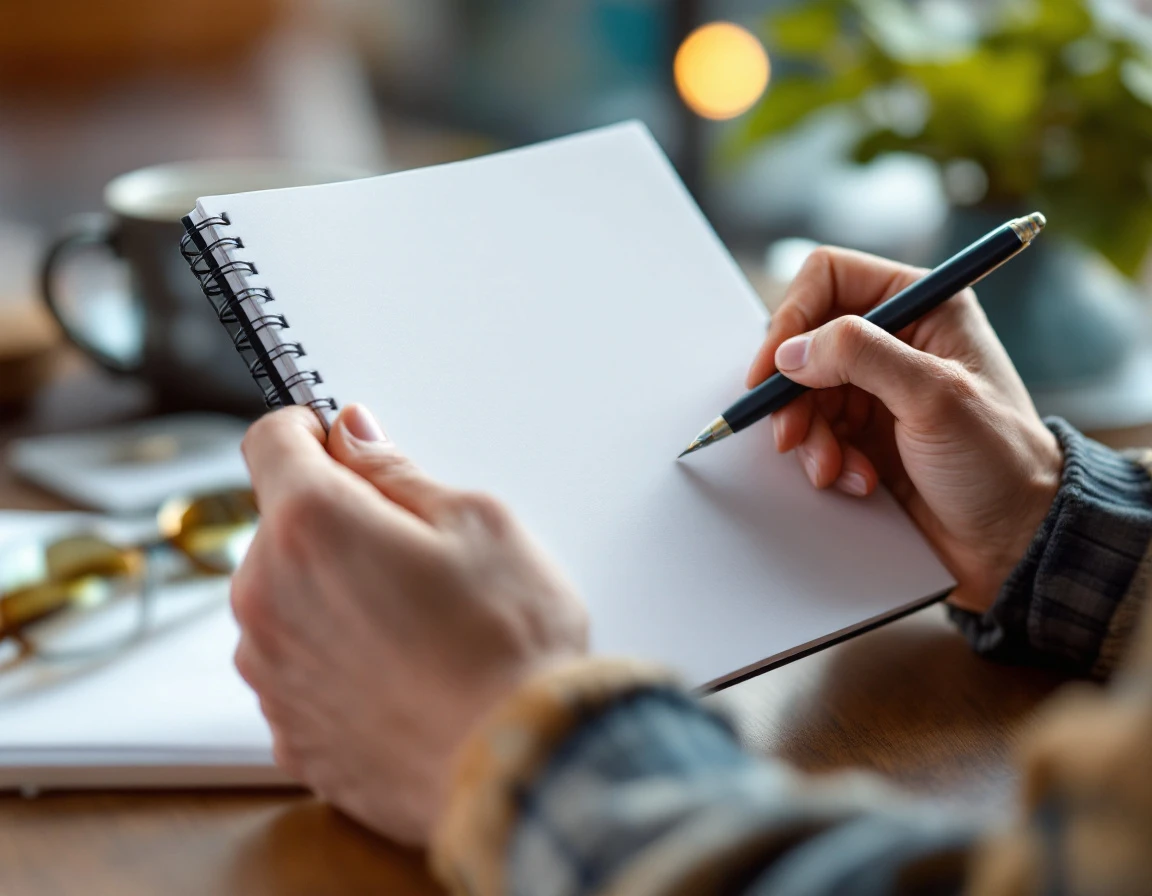 Manager's hands holding blank notepad and pen at café table with coffee cup nearby