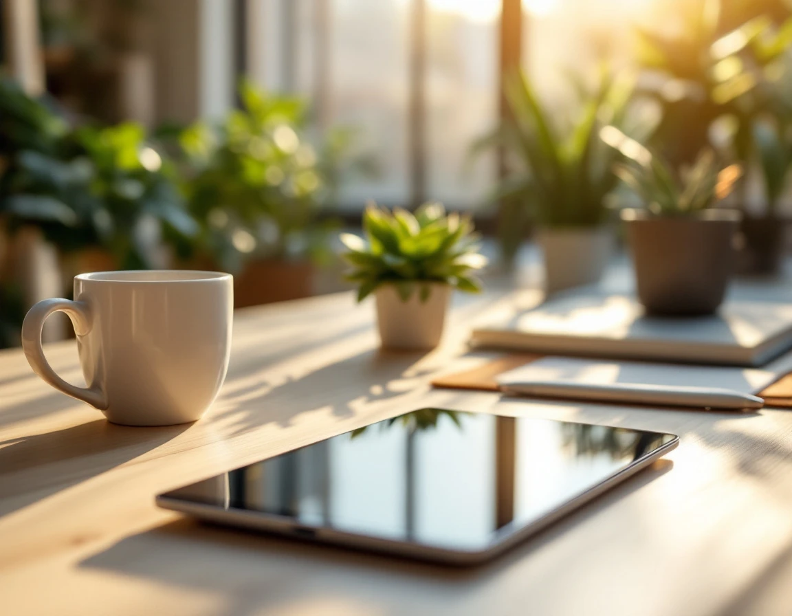 Modern office desk with tablet, coffee mug, and plants in natural lighting