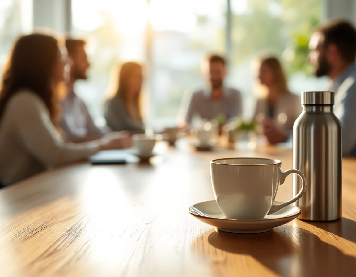 Wooden meeting table with coffee cups in foreground, blurred team collaboration meeting in background