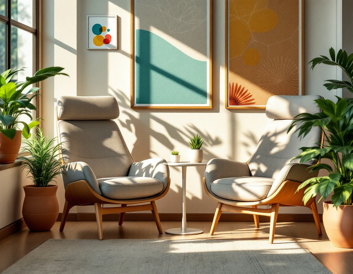 Two ergonomic chairs positioned for conversation in a sunlit office break room with plants and abstract wall decor