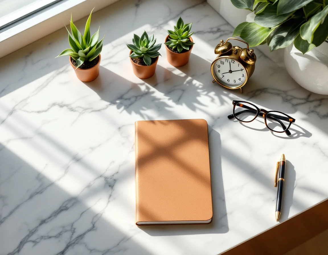 Organized desk workspace with succulents, alarm clock, leather notebook, and glasses on marble surface