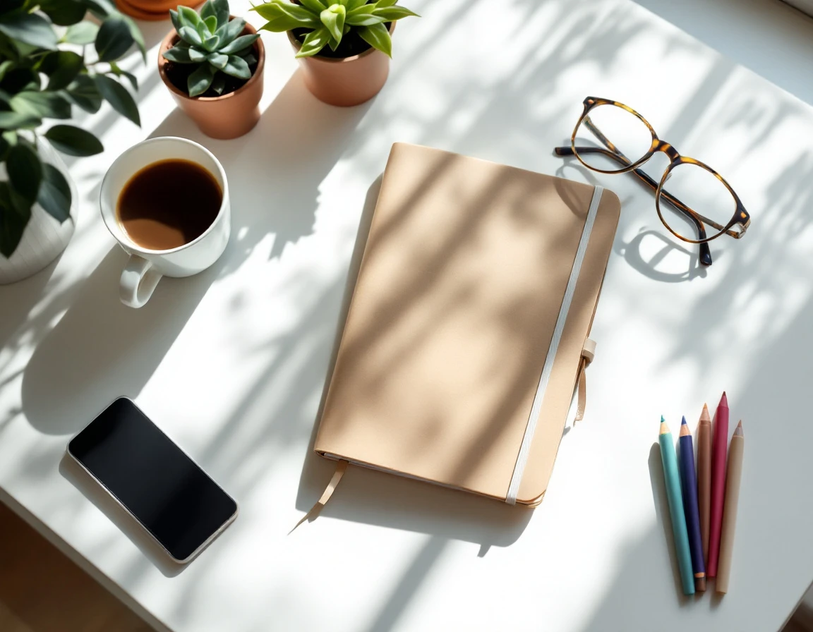 Closed planner on organized desk with coffee, phone, and office accessories in natural lighting