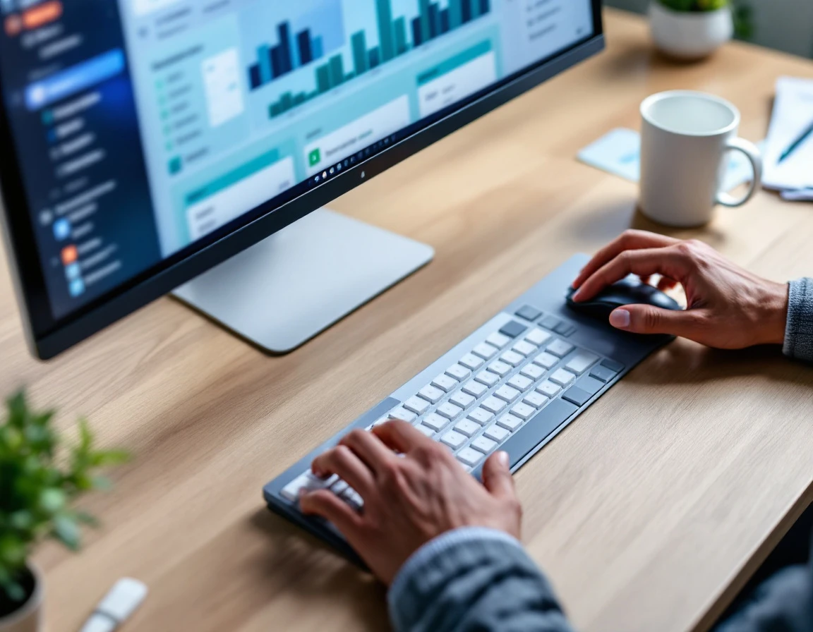 HR professional managing time-off requests on computer with blurred dashboard interface and documents