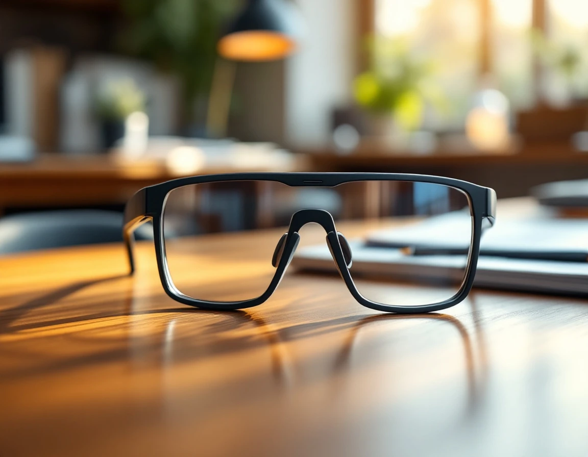 Smart glasses with integrated camera on office desk highlighting workplace recording technology
