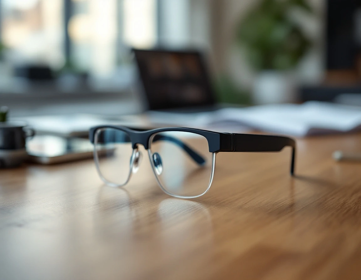 Smart glasses with integrated camera on office desk showing surveillance technology in workplace setting
