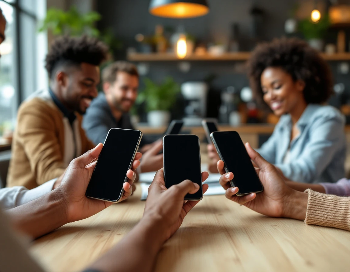 Diverse hands holding smartphones around workplace table showing multigenerational team collaboration