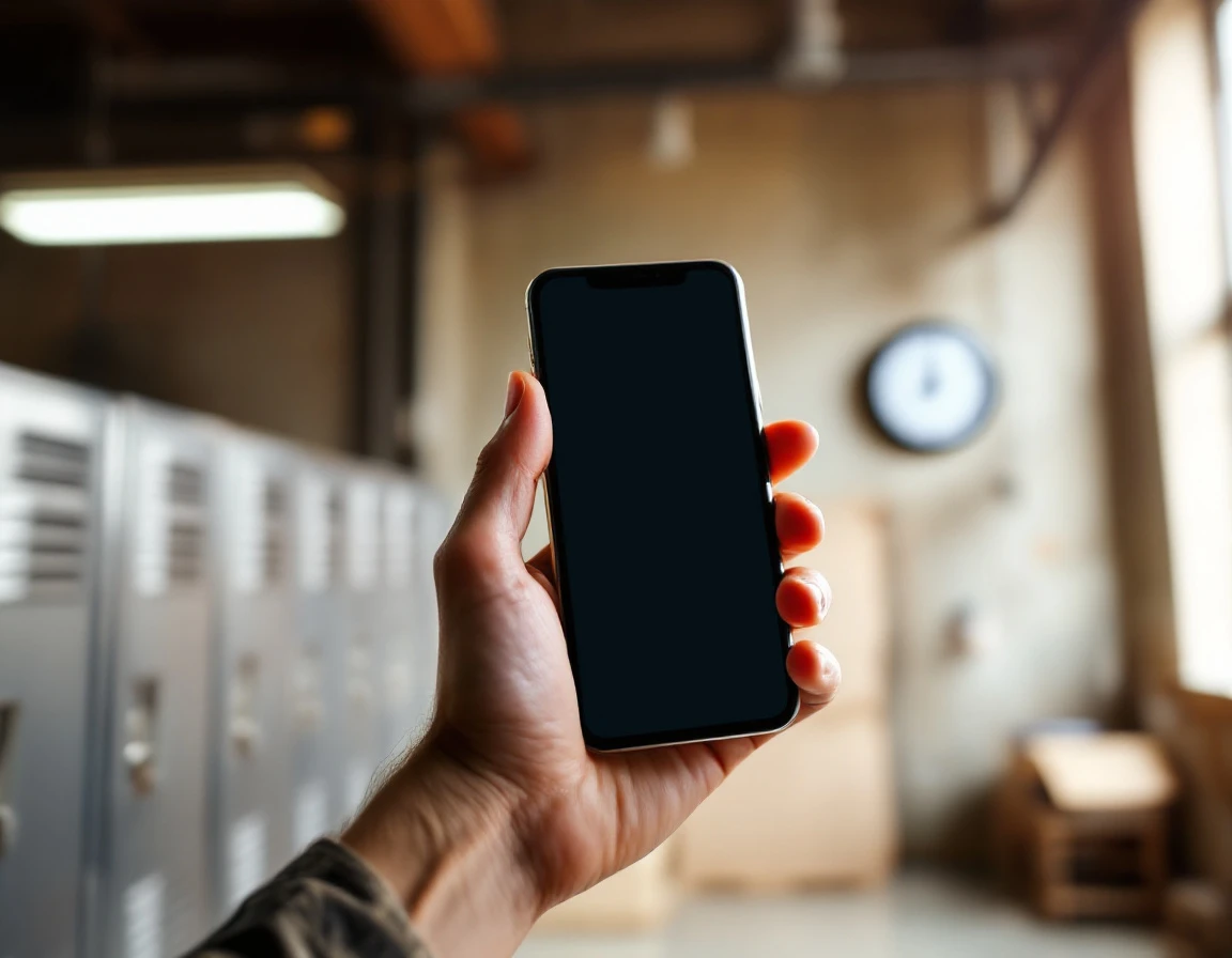 Smartphone held at shift change time in warehouse break room with industrial background