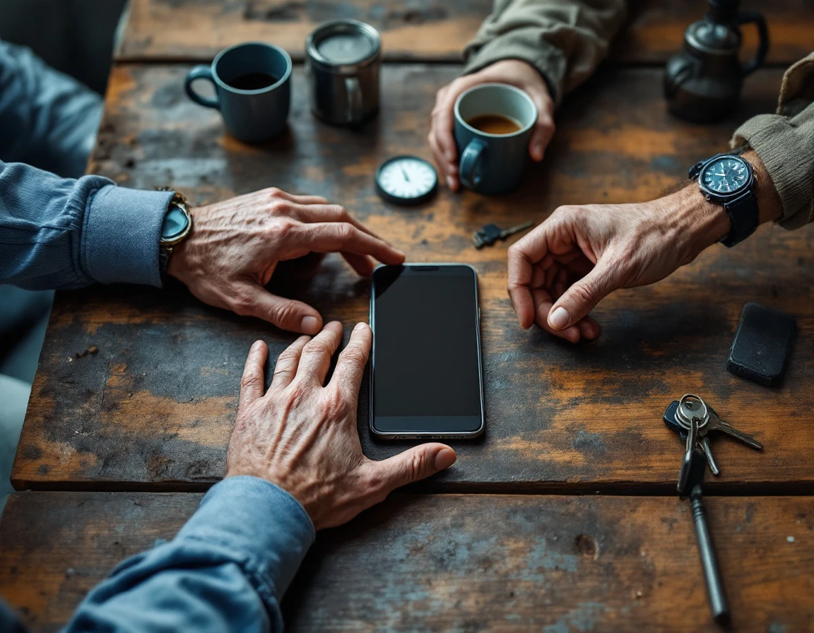 Multiple generations of workers' hands gathered around smartphone on break room table