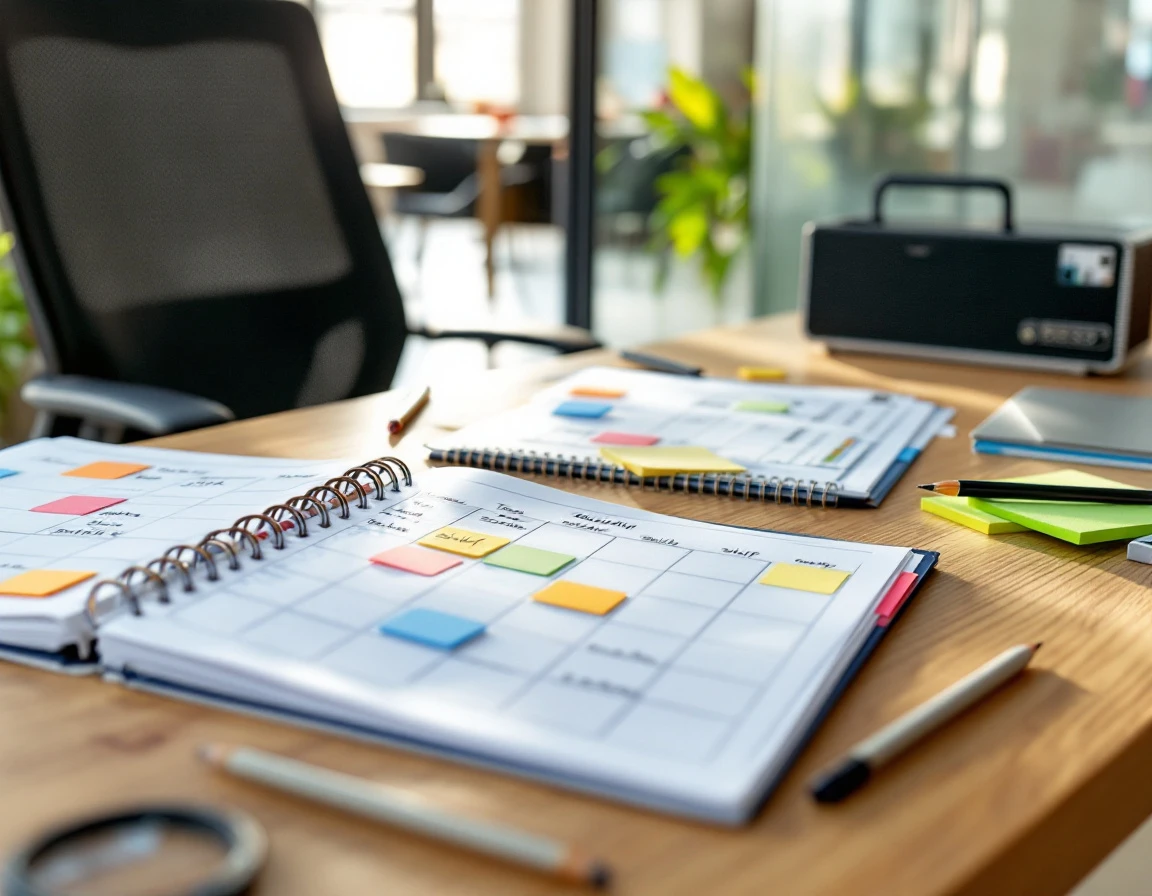 Empty office desk with scheduling materials and coordination tools after workforce restructuring