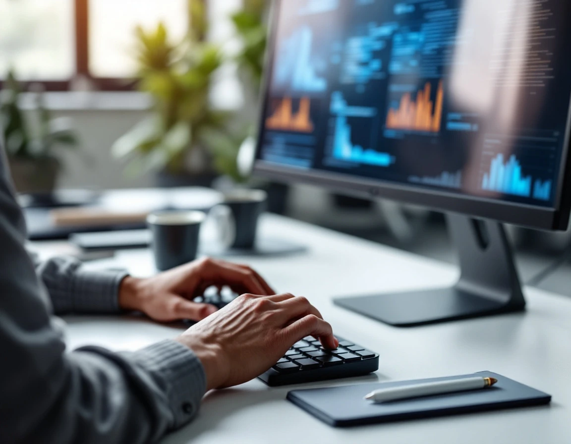 Office worker using workforce management software at desk with blurred screen content