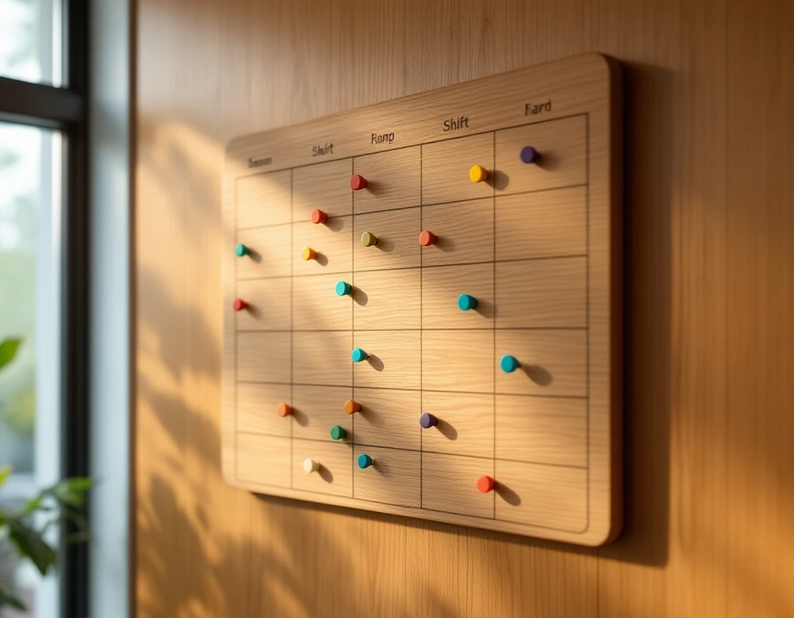 Wooden shift planning board with colorful magnetic pins for workforce scheduling and employee coordination