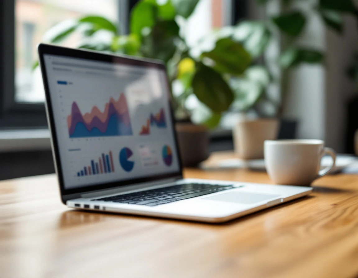 Laptop displaying analytics dashboard on office desk with coffee and plants in professional workspace