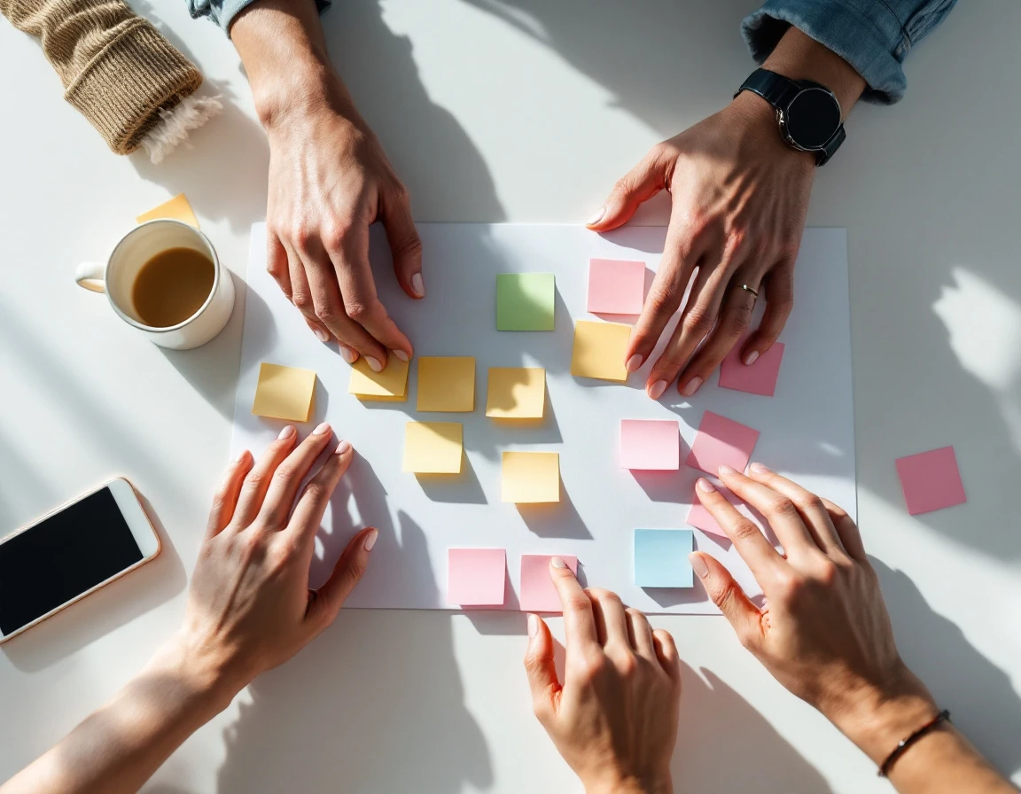 Hands collaborating with sticky notes on planning board during team coordination session
