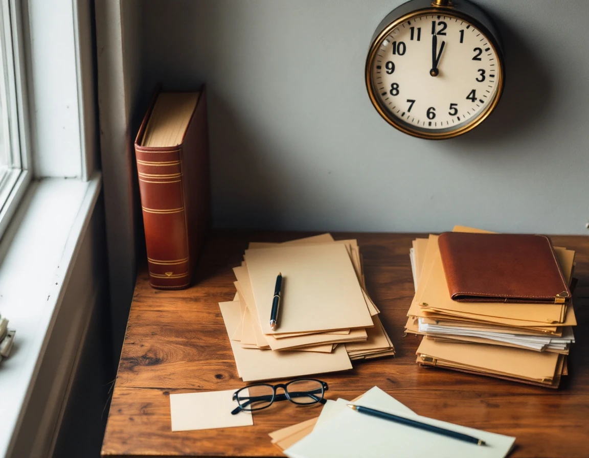 Organized desk with folders, binders, and analog clock showing workspace documentation system