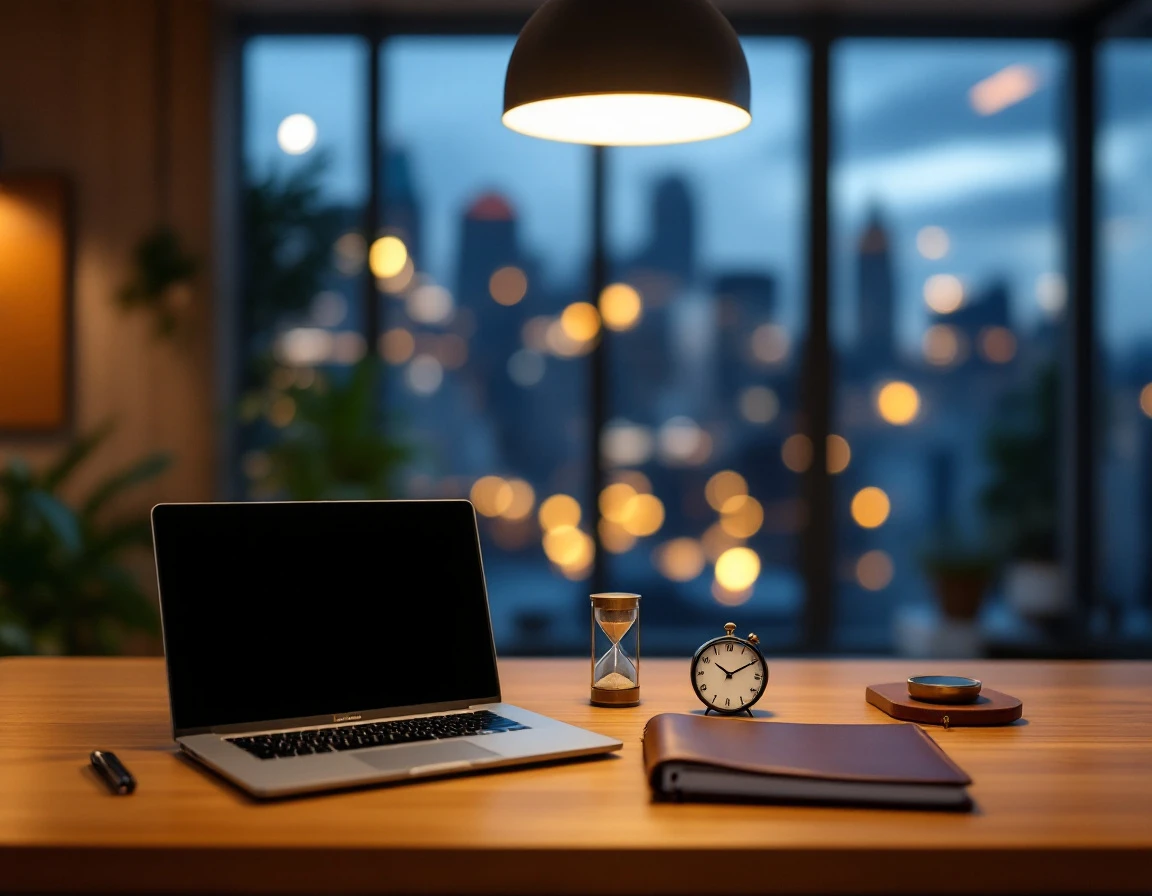 Modern office desk with analog time management tools at dusk, warm lighting, city view through windows