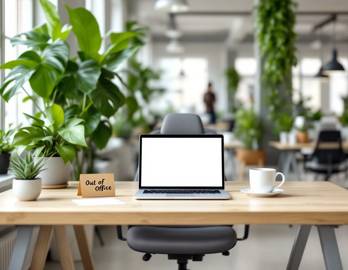 Modern office workspace with plants and empty desk showing out-of-office setup during approved time off