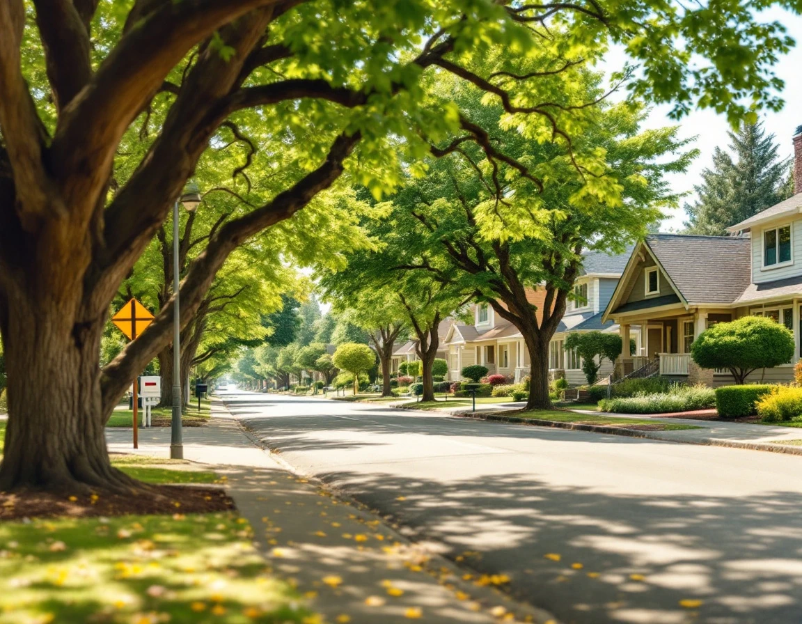 Quiet tree-lined residential street on a summer afternoon with homes and empty sidewalks