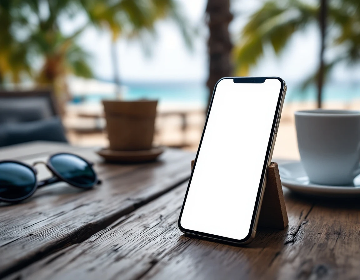 Smartphone displaying team messaging app on vacation table with ocean view background