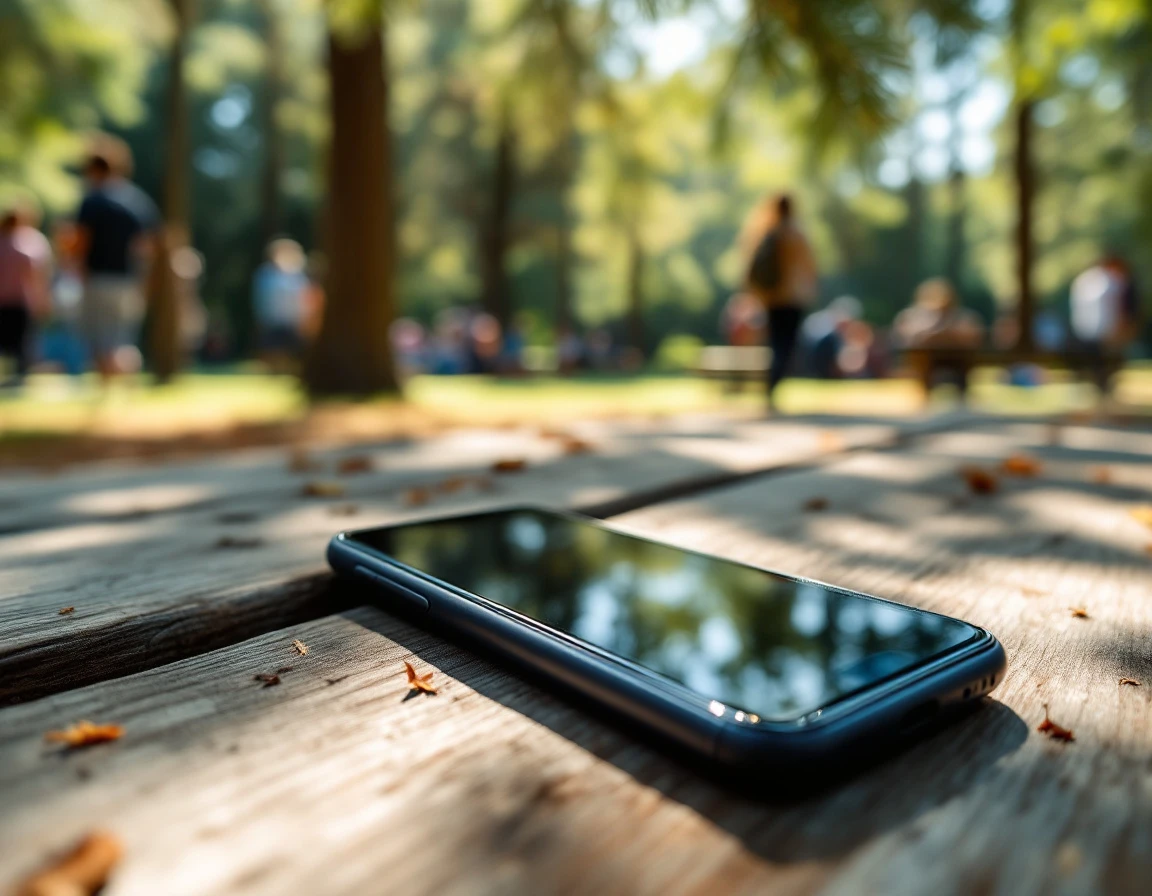 Smartphone on outdoor picnic table with summer sunlight and blurred background