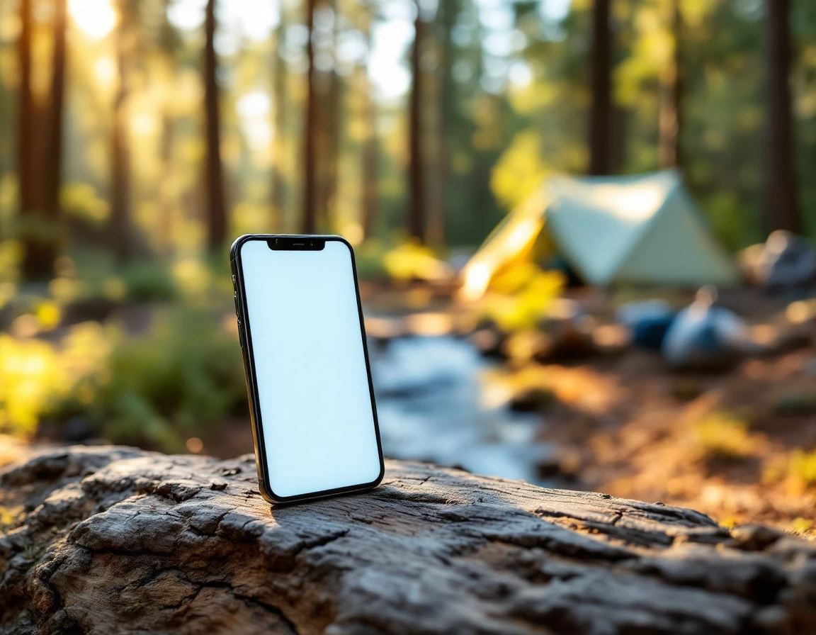Smartphone with team messaging app on log at campsite showing communication threads in outdoor setting