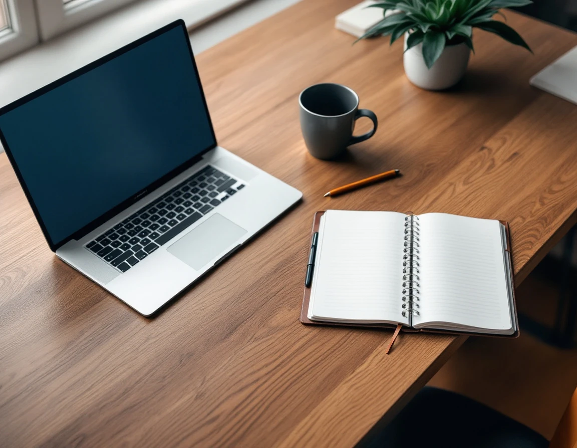 Manager's desk with laptop, planner, and coffee suggesting workforce scheduling coordination without visible text