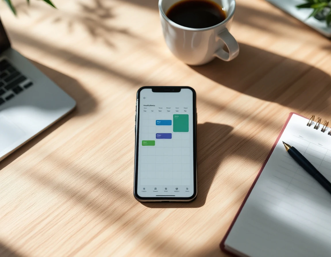 Smartphone displaying workforce scheduling interface on modern office desk with natural lighting