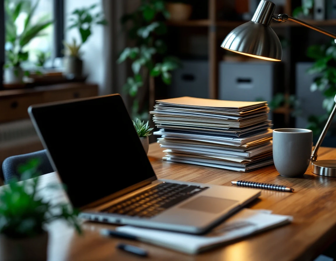 Professional office desk with closed planner, laptop, and compliance folders in organized workspace setting