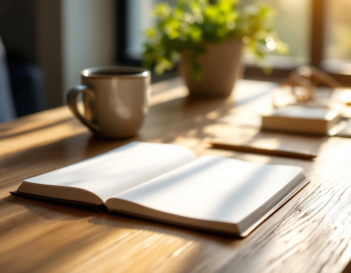 Blank notebook and coffee on wooden desk with natural window lighting in professional workspace