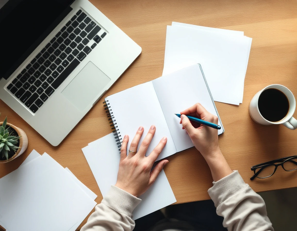 Overhead view of hands writing in notebook at organized workspace with laptop and coffee