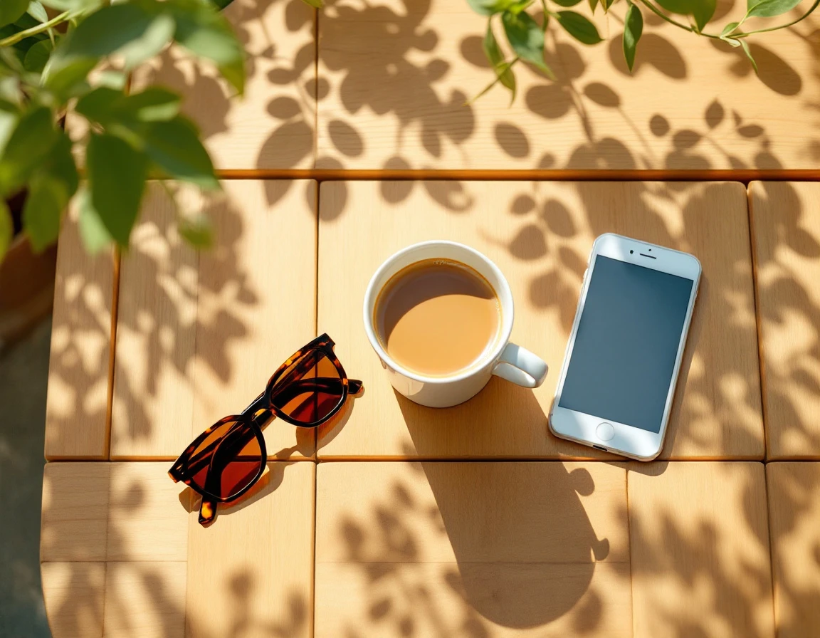 Smartphone with coffee and sunglasses on outdoor wooden table in summer garden shade