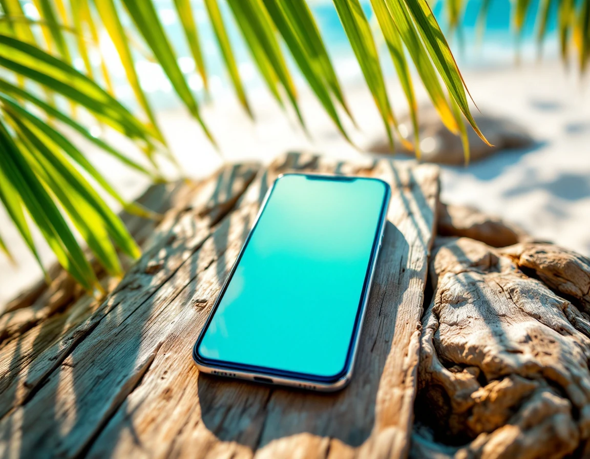 Smartphone on weathered beach wood with palm fronds casting shadows in tropical summer setting
