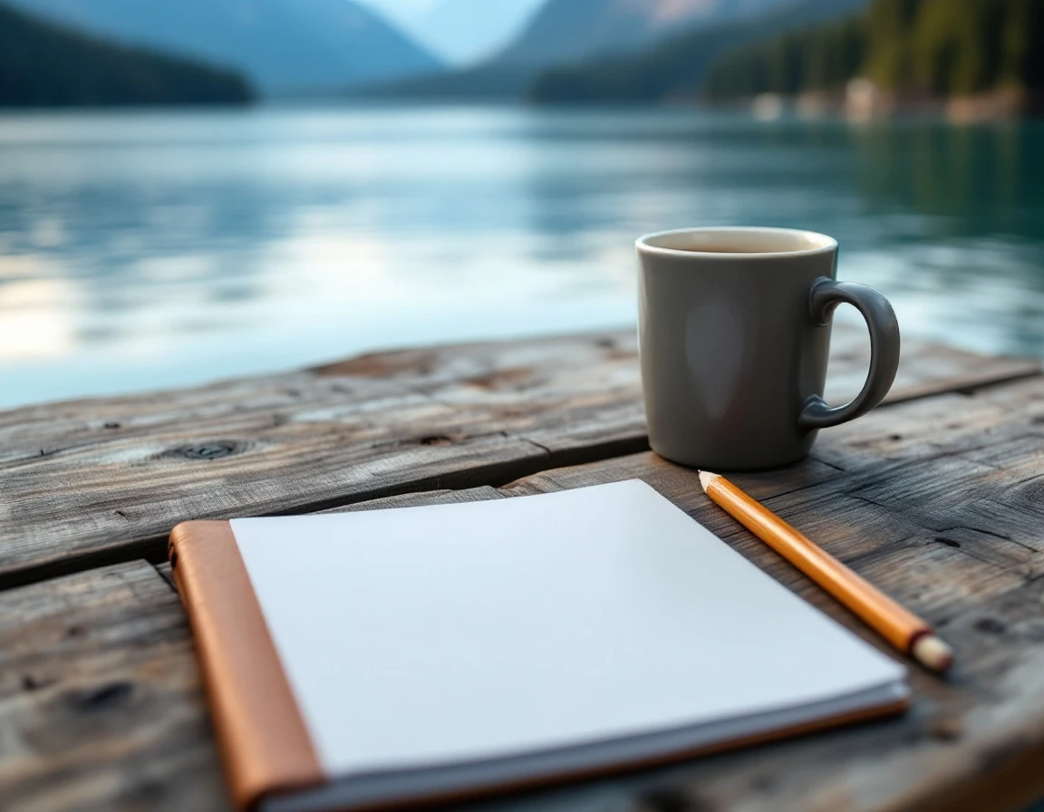 Wooden desk with coffee and blank notebook overlooking a mountain lake during remote work setup