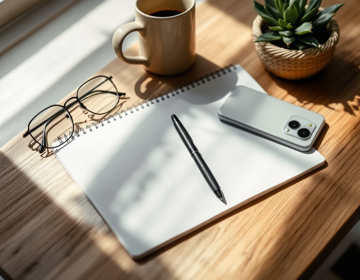 Minimalist desk workspace with notebook, pen, and phone face-down showing thoughtful data observation