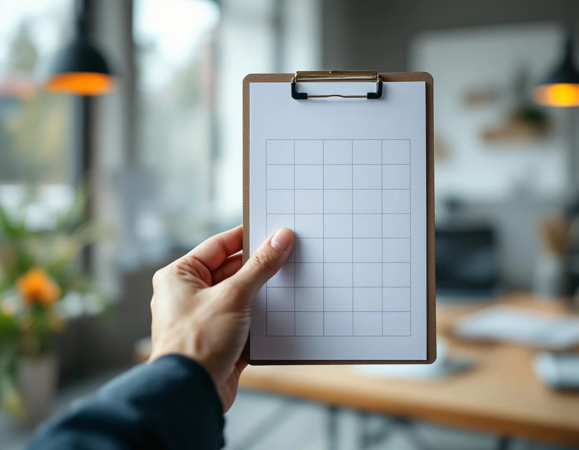 Hand pointing to blurred scheduling grid on clipboard in office setting