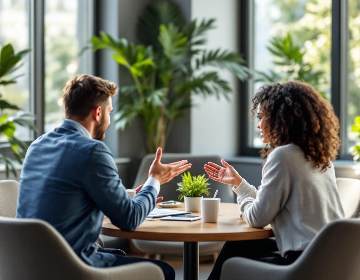 Two colleagues in calm conversation demonstrating de-escalation body language in office setting