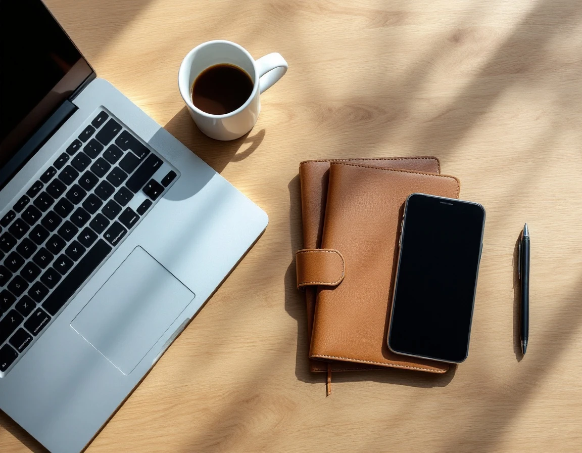 Overhead view of laptop, coffee cup, blank notebook, smartphone and pen arranged on wooden desk surface