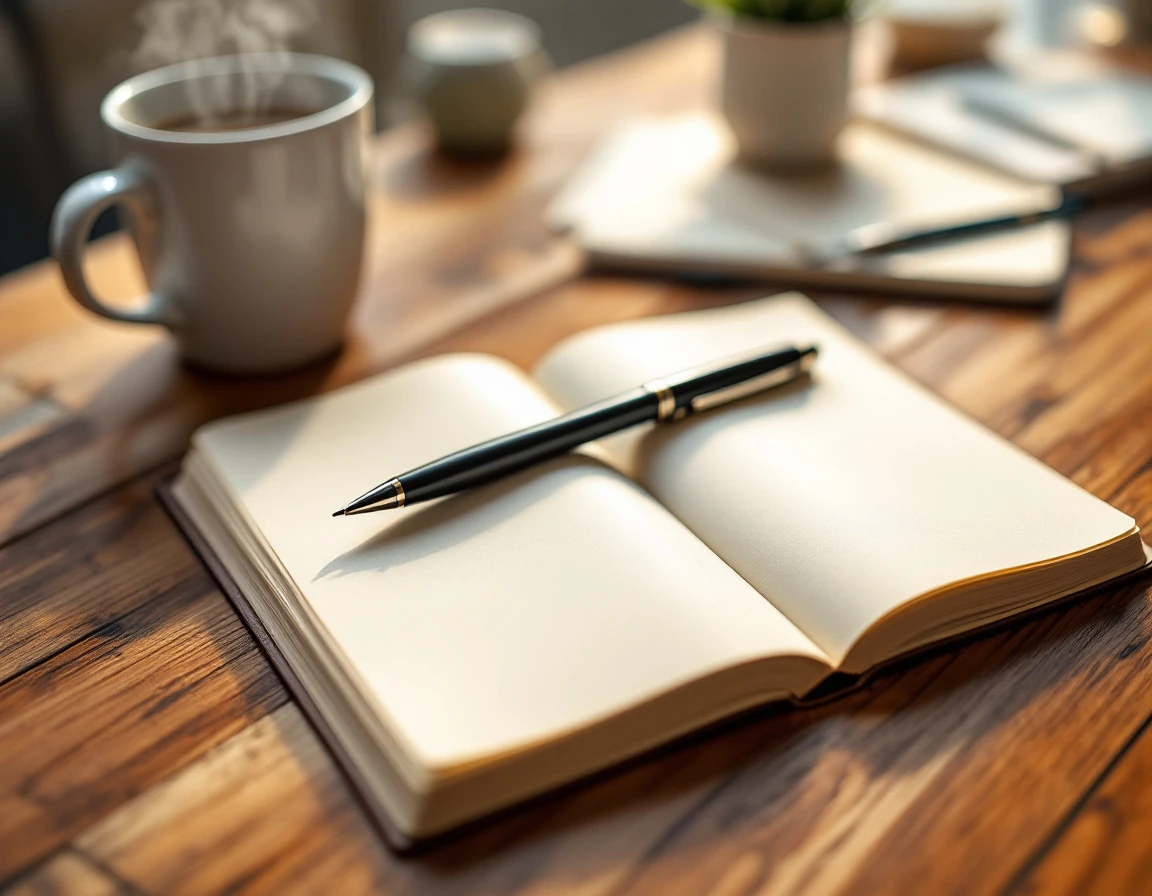 Wooden desk workspace with coffee mug, pen, and blurred notebook conveying planning and organization