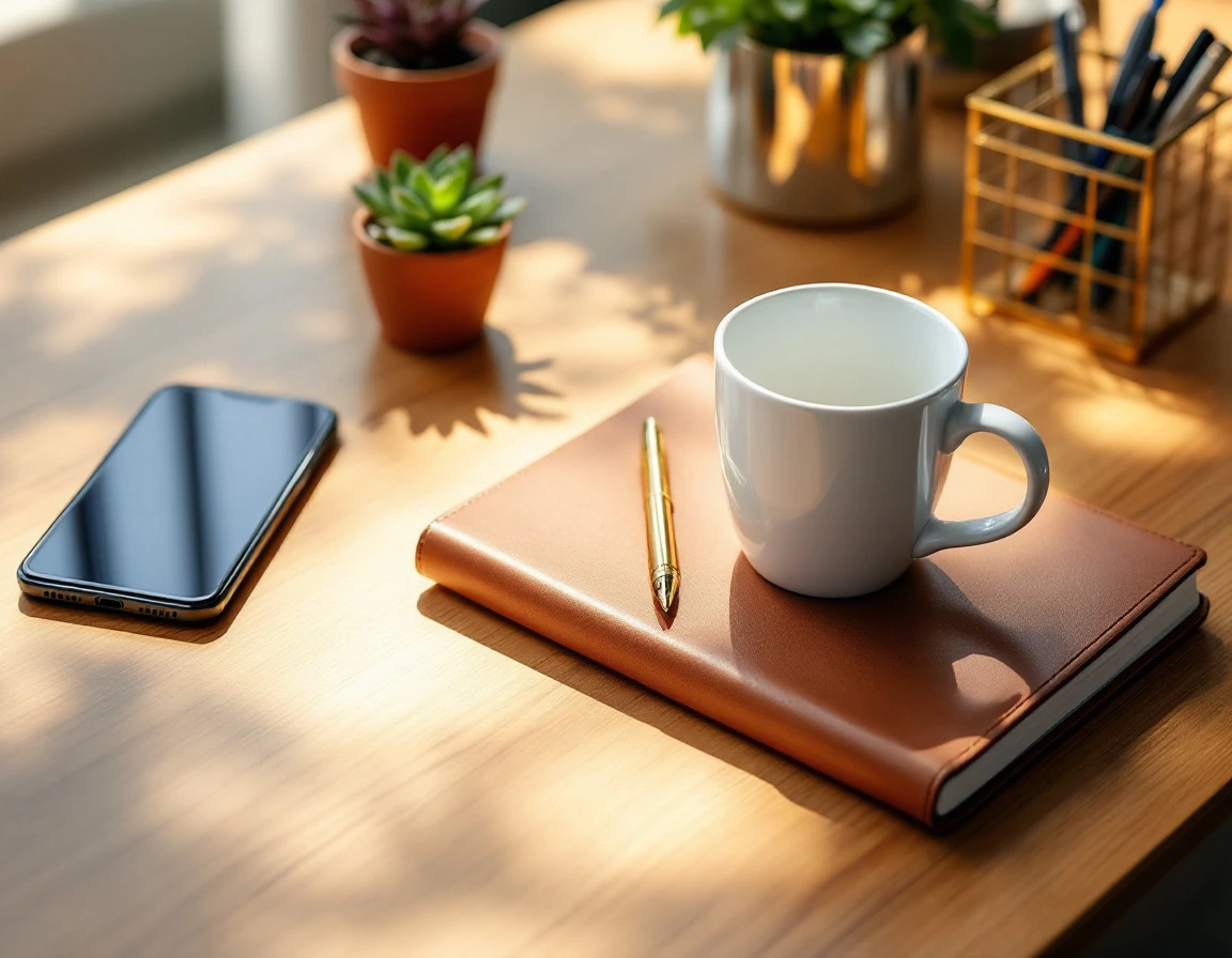 Organized wooden desk with closed notebook, coffee mug, and minimal planning tools for Q4 scheduling