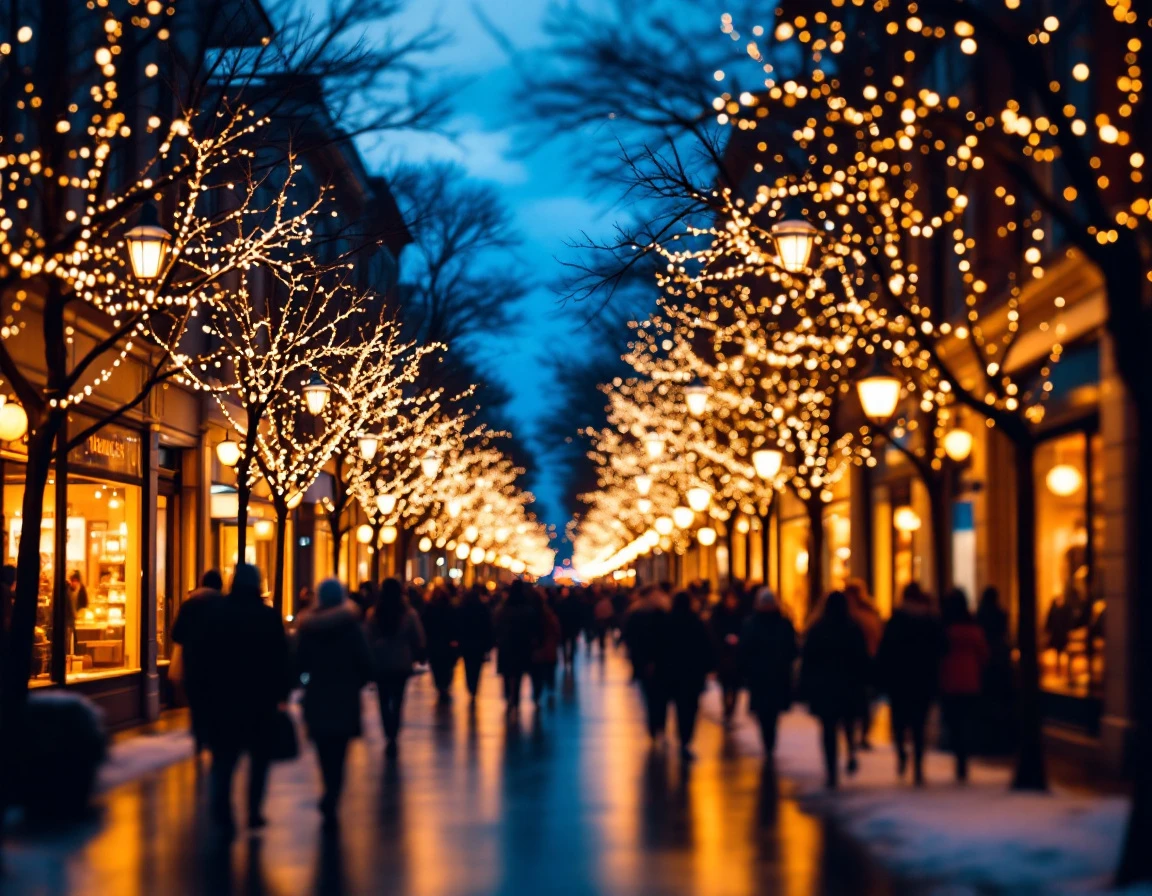 Crowded downtown shopping street at twilight with holiday lights and winter shoppers during peak season
