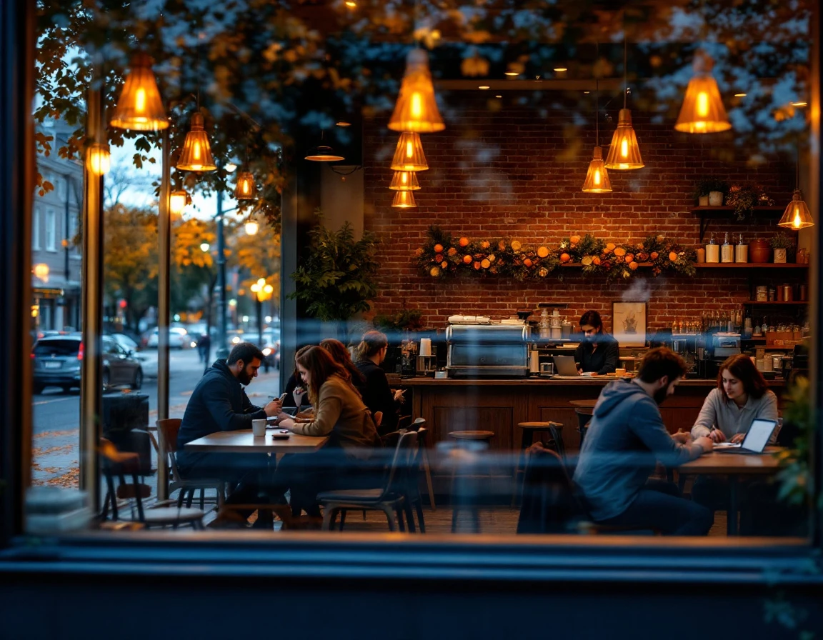 Coffee shop interior glowing with warm lights during autumn evening showing busy tables and seasonal decorations