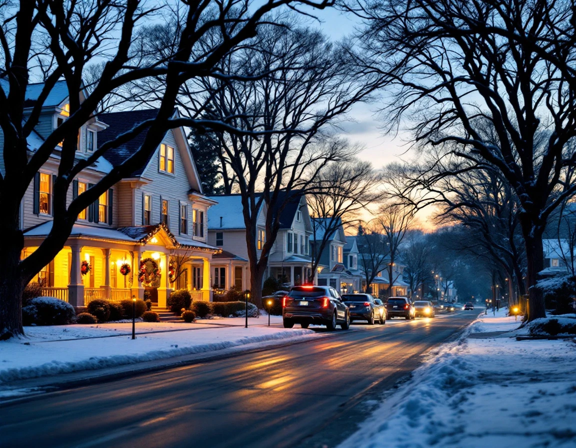 Suburban residential street at dusk during winter holidays with homes lit up showing extended-hours activity