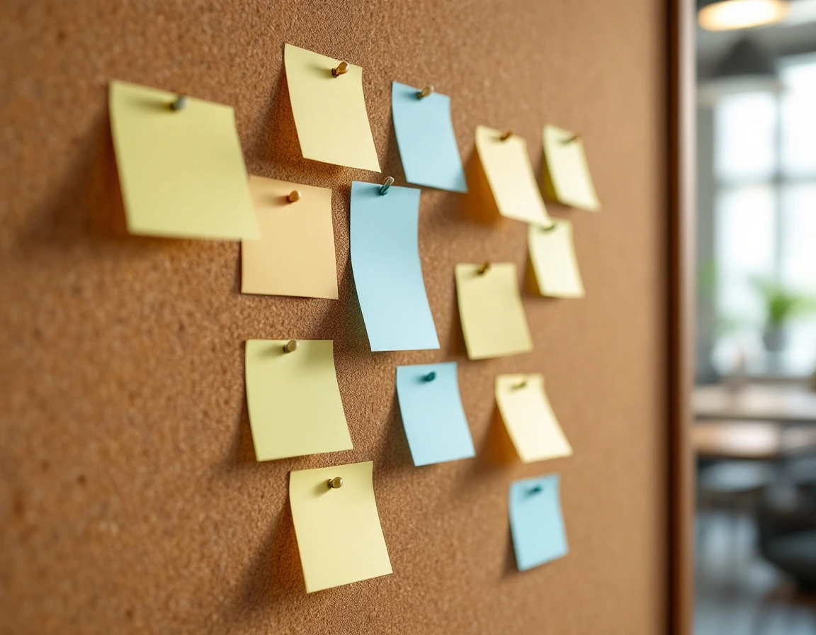 Corkboard with blank colored sticky notes arranged in clusters suggesting team scheduling patterns