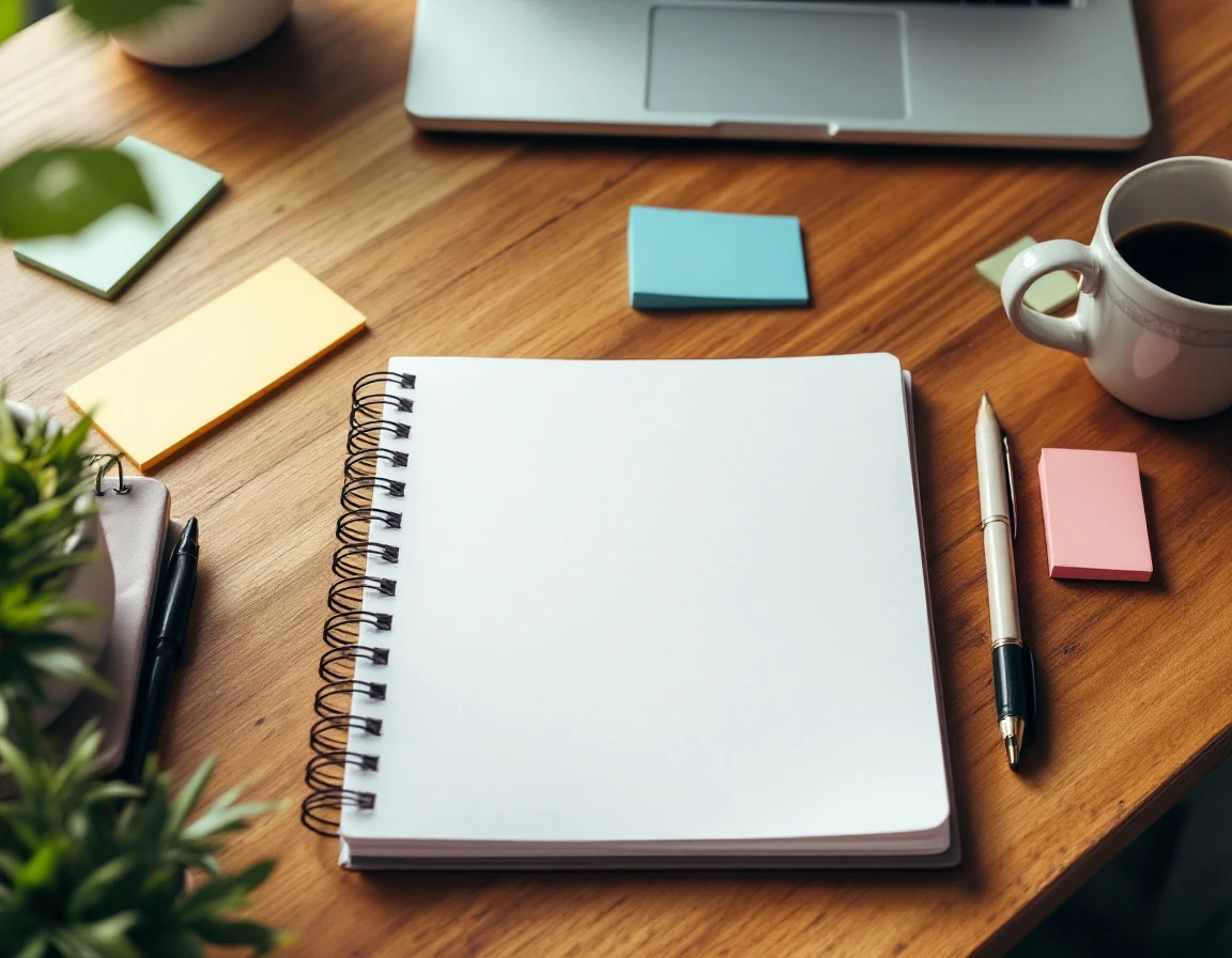 Blank notebook and sticky notes on wooden desk with laptop in background during work planning session
