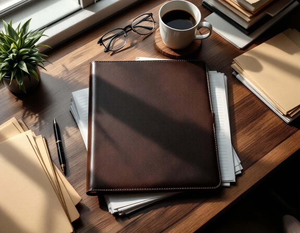 Professional desk with organized documentation folders, fountain pen, and coffee mug in natural office lighting