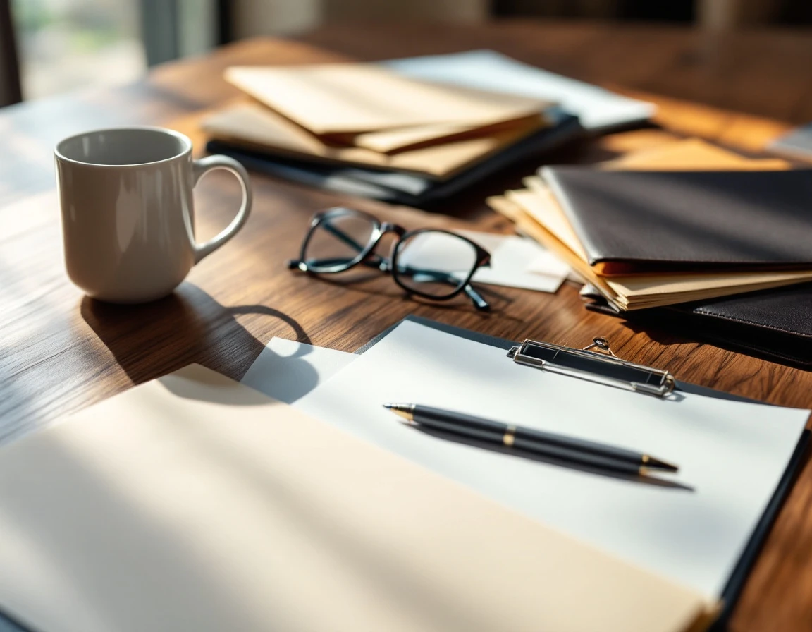 Professional desk with coffee, glasses, pen, and face-down HR compliance folders in natural office lighting