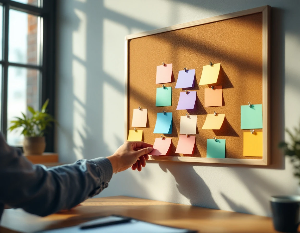 Hands organizing color-coded schedule cards on cork board in natural afternoon light
