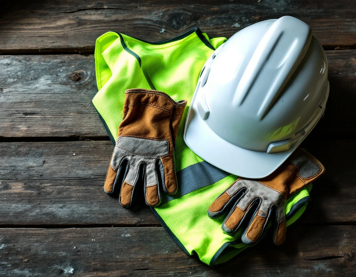 Safety equipment including hard hat, high-visibility vest, and work gloves on wooden workbench