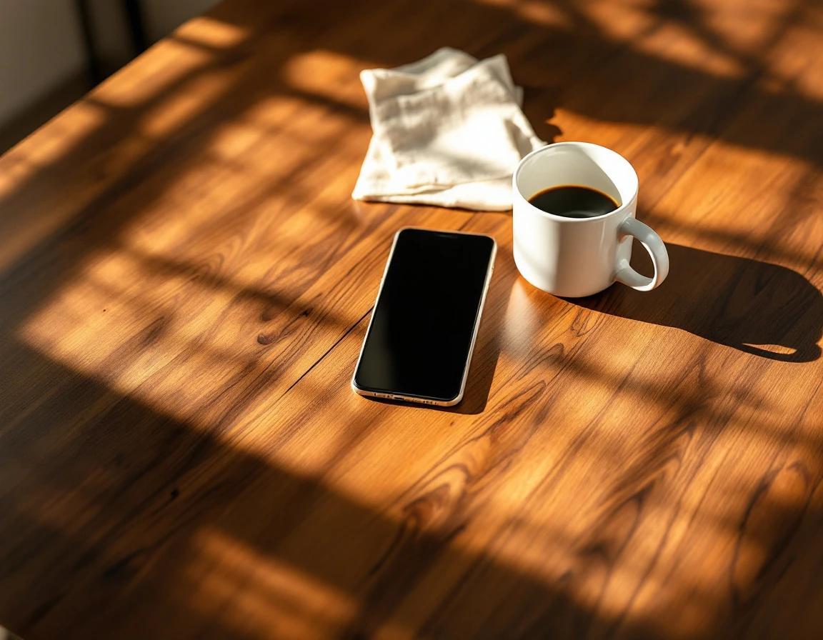 Smartphones and coffee mugs on wooden table in morning light representing team communication workspace