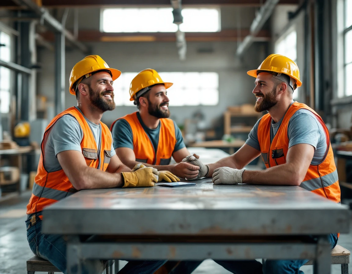 Construction workers taking a break together at a work table in an industrial setting with natural lighting