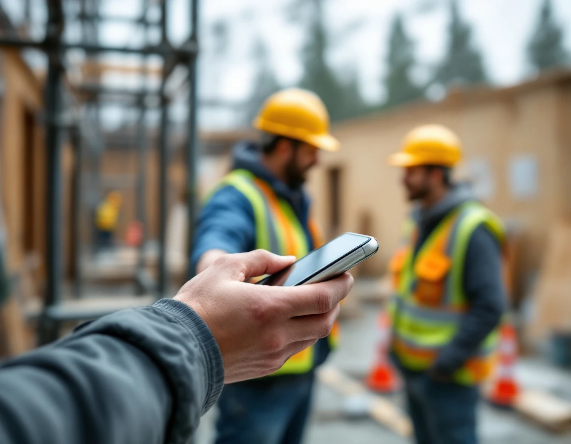 Construction worker holding smartphone at outdoor job site with blurred workers in background